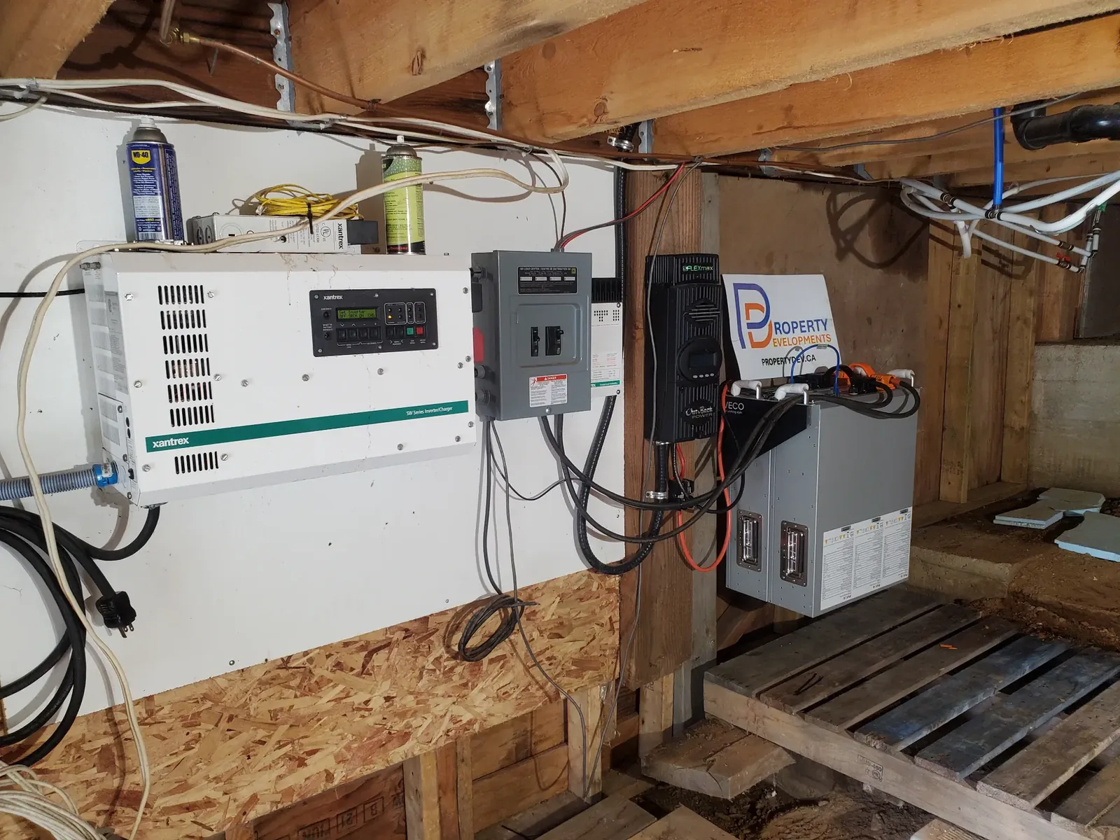 Power-control equipment, battery components, and cabling inside a utility space.